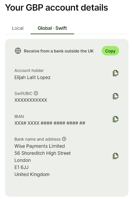 GBP account details, Global - Swift