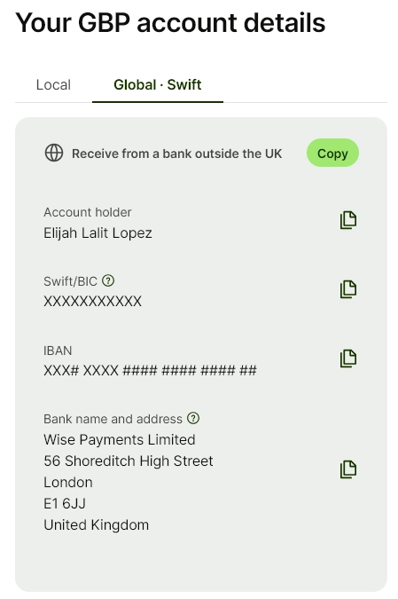 Wise GBP Account Details