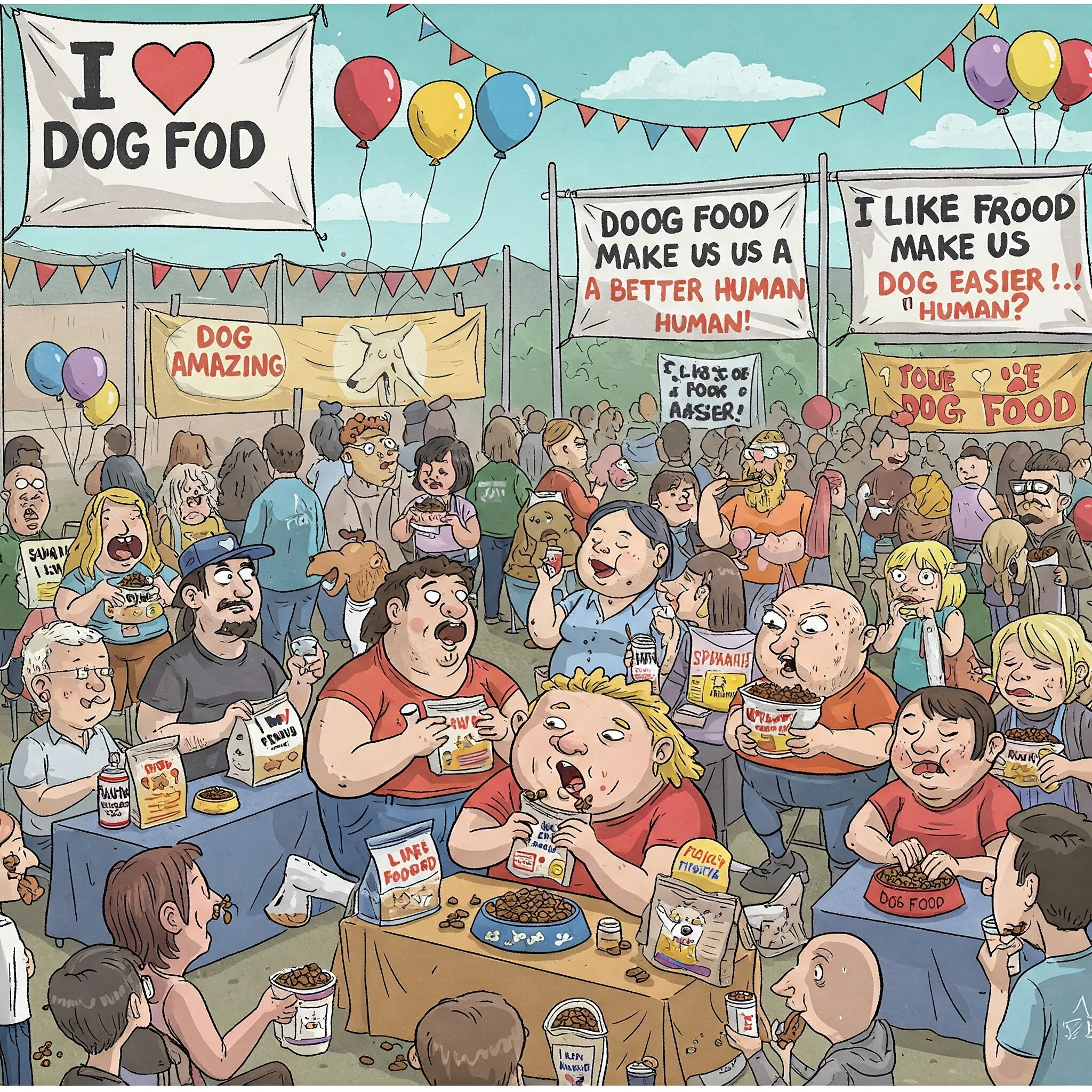 A cartoon depicting the Dog Food Eating Convention with banners with phrases stated above